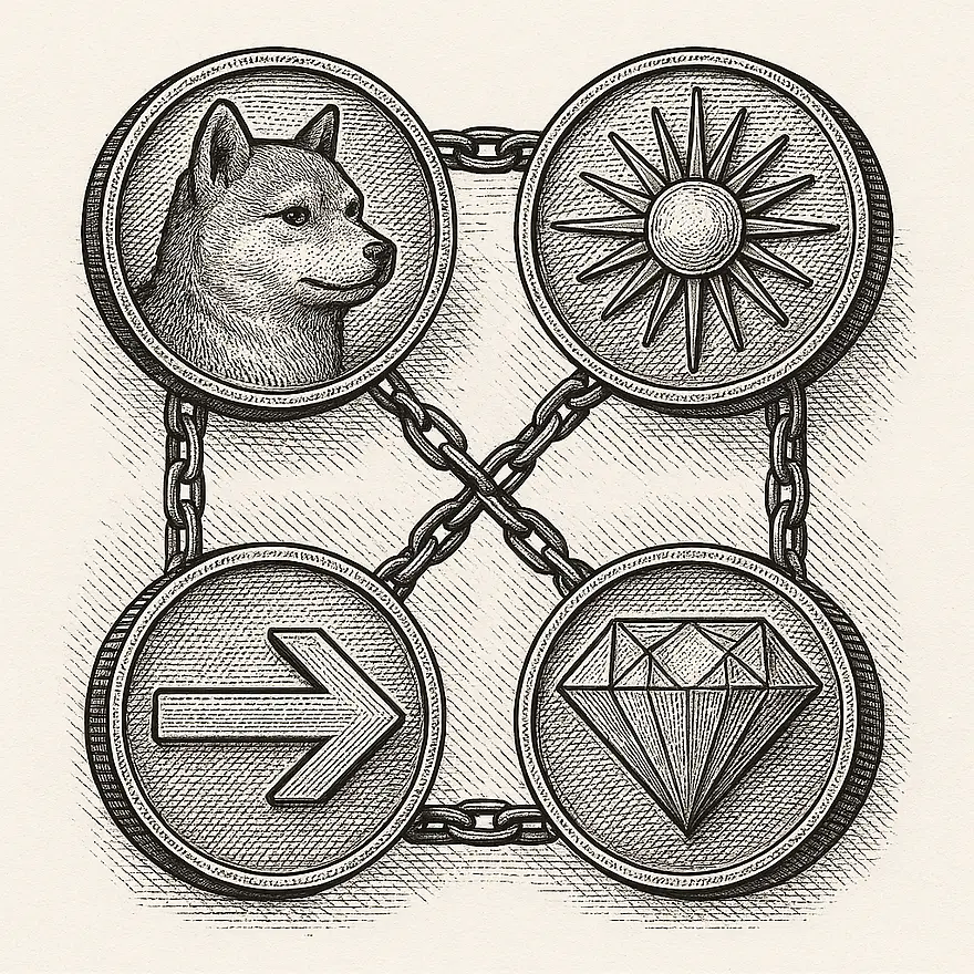 Engraving of four minted coins arranged in a square and joined by chain links — one struck with a shiba inu, one with a sunburst, one with an arrow, one with a faceted diamond