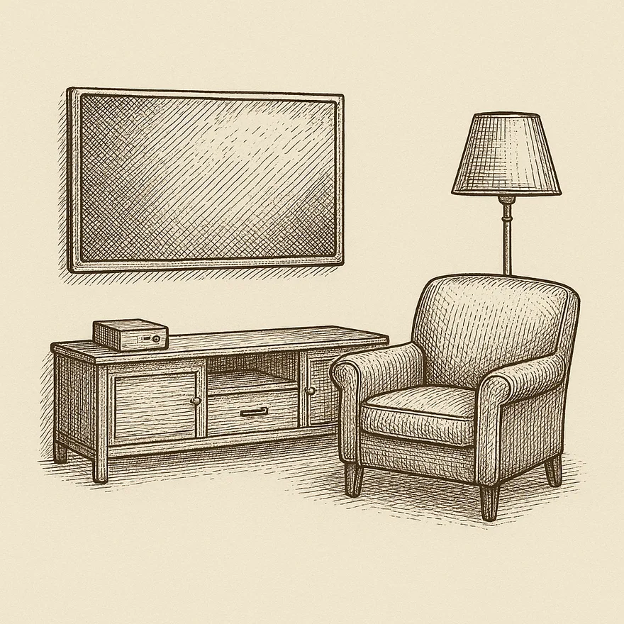 Engraving of a living room: a television above a media console with a small server box, an armchair and a floor lamp
