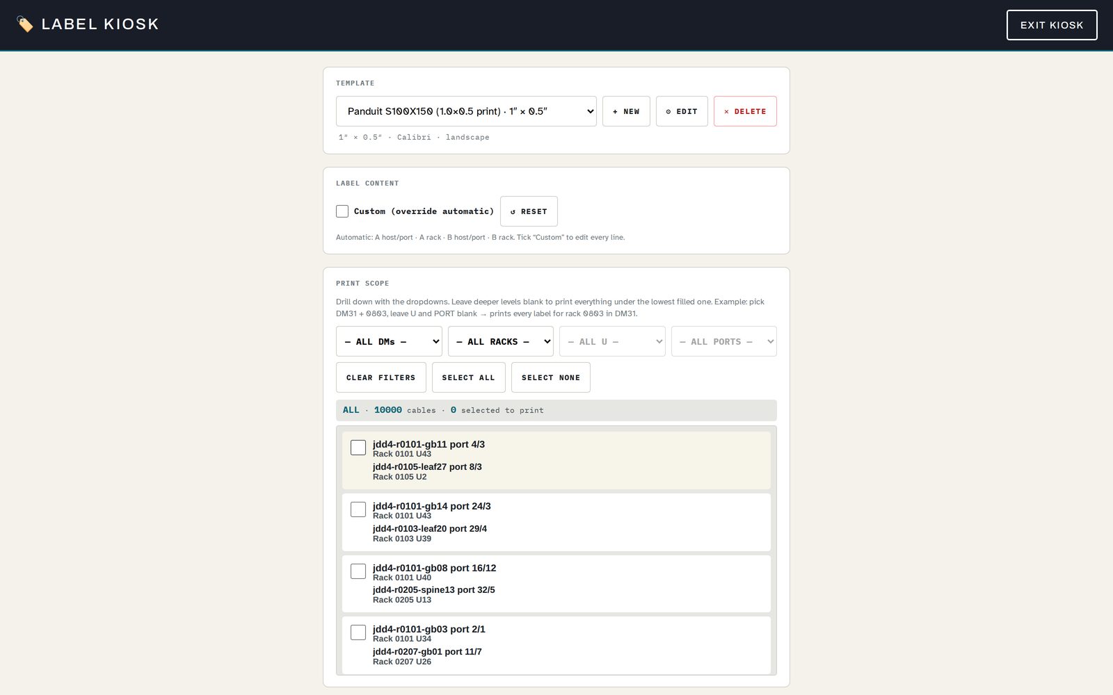 Label kiosk screen: full-screen walk-up label printing with template picker