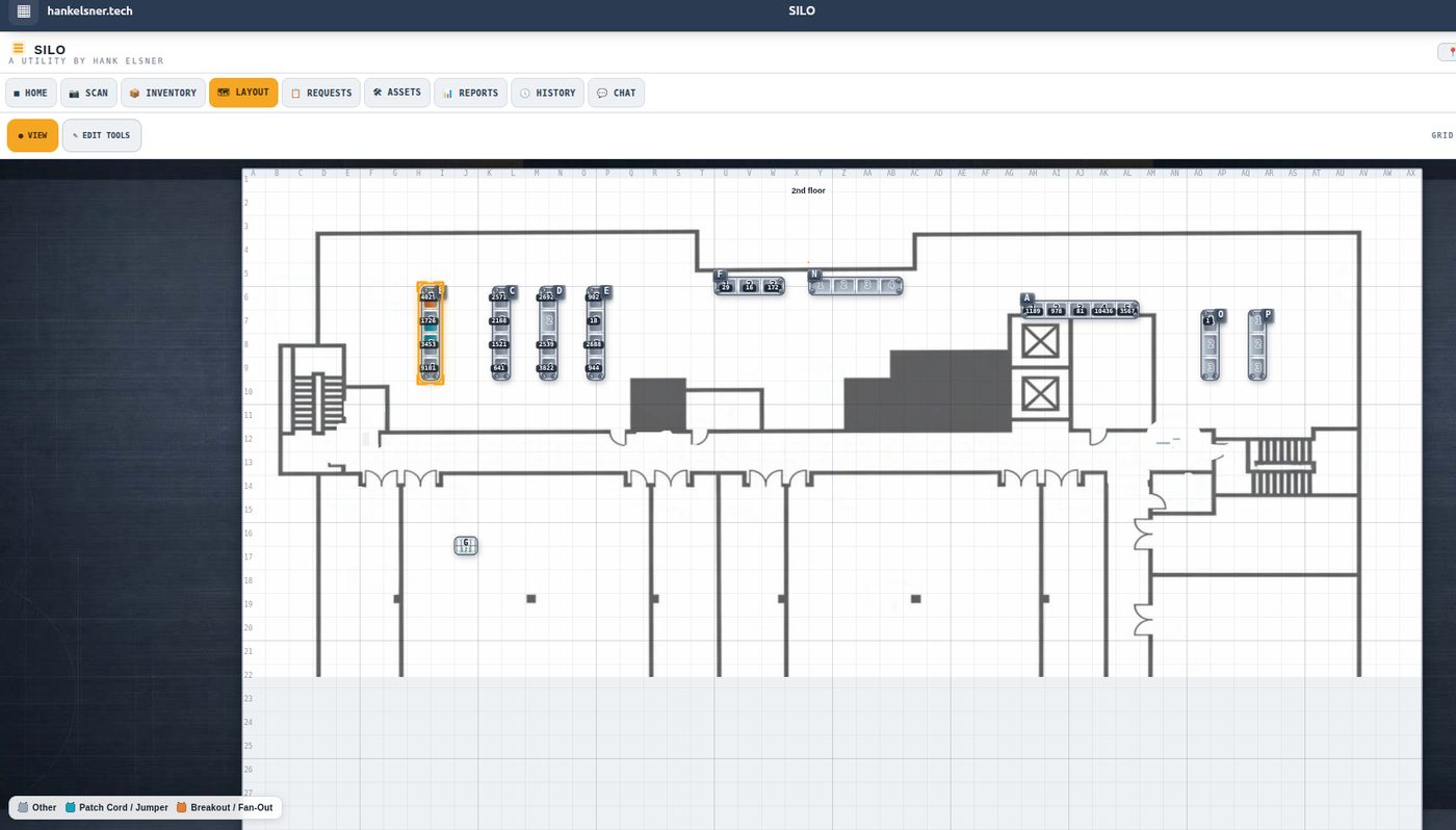 Yard map: the building floorplan with shelf locations pinned and live item counts
