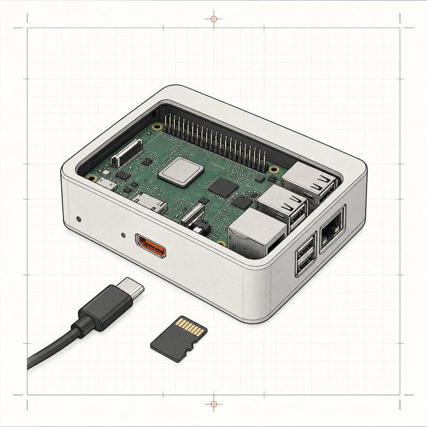 Technical drawing of the HEARTH controller: a single-board computer in a low white enclosure with HDMI, USB and Ethernet ports, shown beside its power cable and memory card