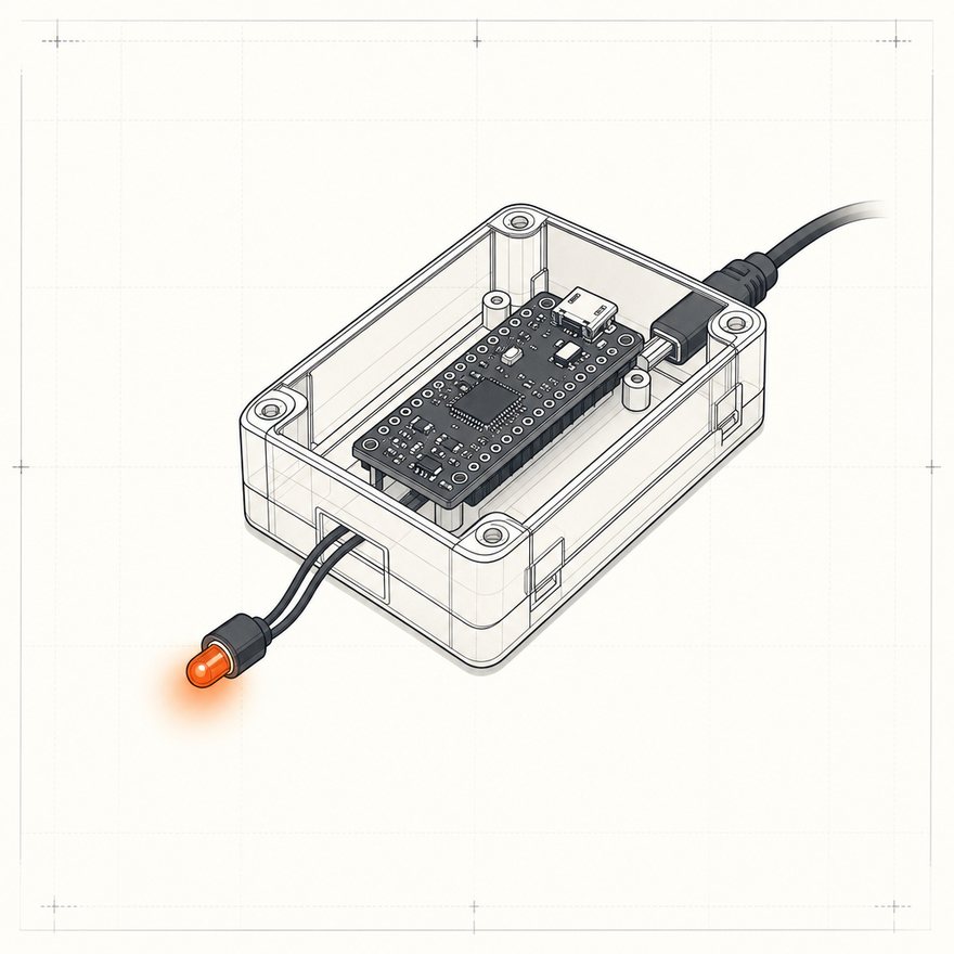 IR Blaster Node: a small board in a clear enclosure with a data cable and an illuminated infrared emitter on a short lead
