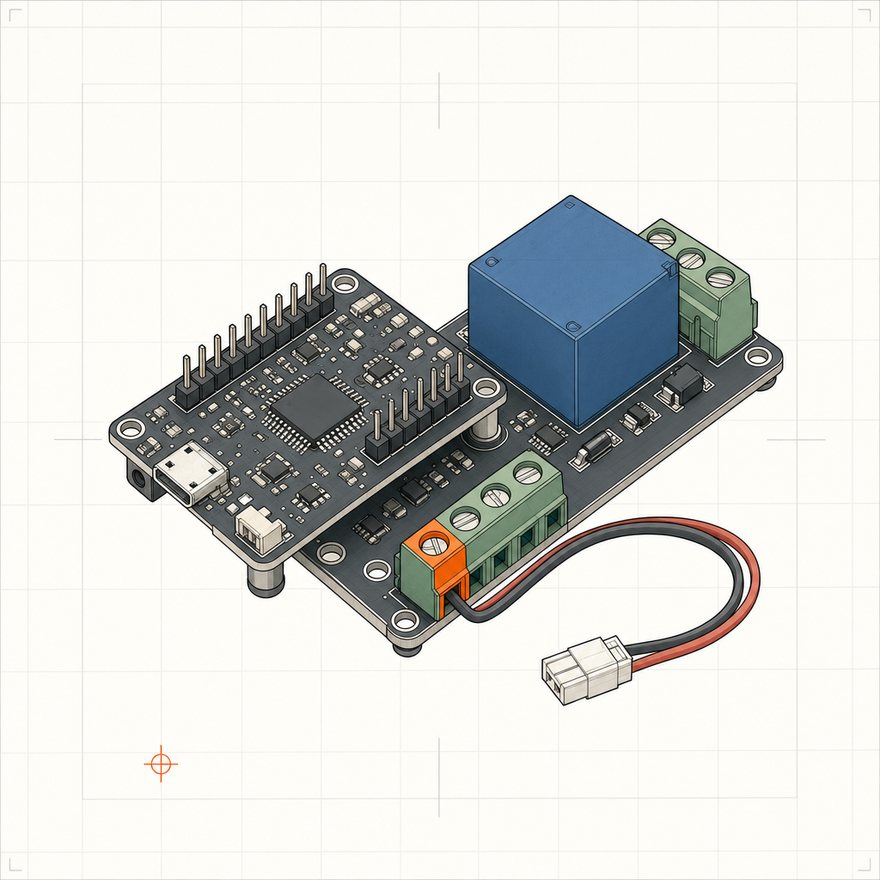 Relay / Load Board: a controller board stacked on a carrier board with a blue relay can, screw terminal blocks, and a two-wire pigtail
