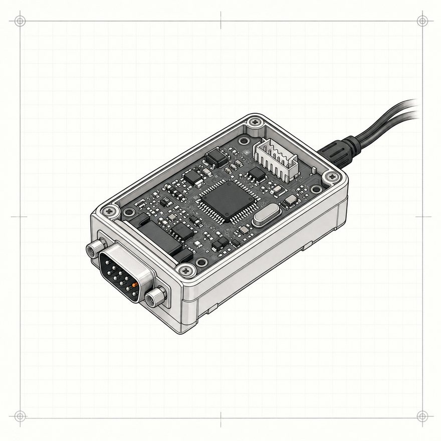 RS-232 Serial Gateway: a small board in a clear enclosure with a nine-pin serial connector on one end and a cable exiting the other