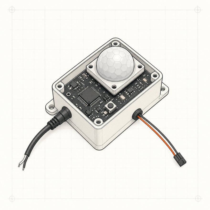 Sensor Input Node: a board in a white enclosure with a domed motion sensor on top and two sensor leads exiting the case